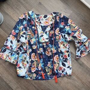 Ivy Jan women’s XS floral print bell sleeve tassel blouse shirt boho Asian flare